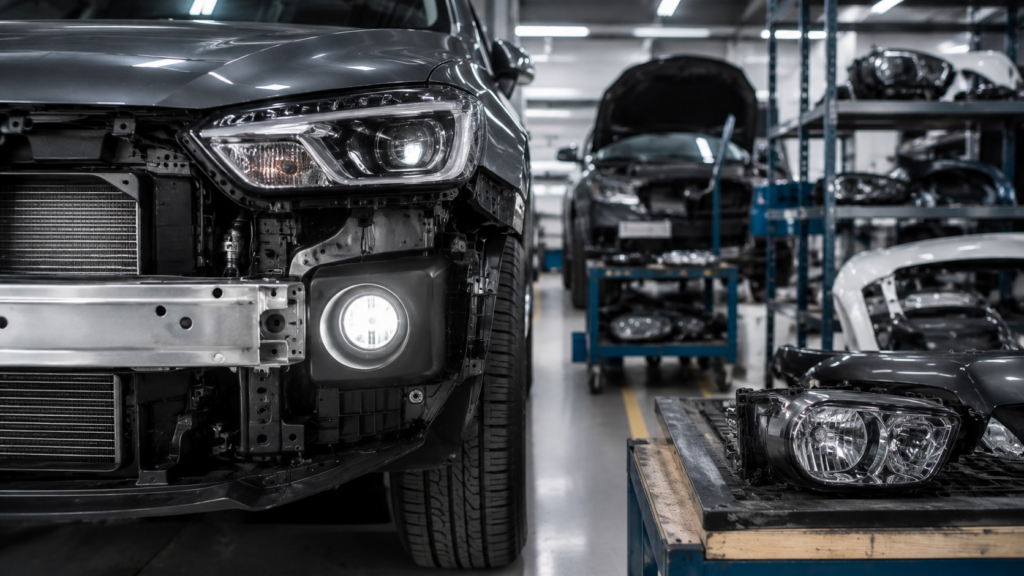 Farol de milha automotivo instalado em veículo em oficina especializada, destacando tendências do mercado de latarias, reposição de peças e confiabilidade automotiva.
